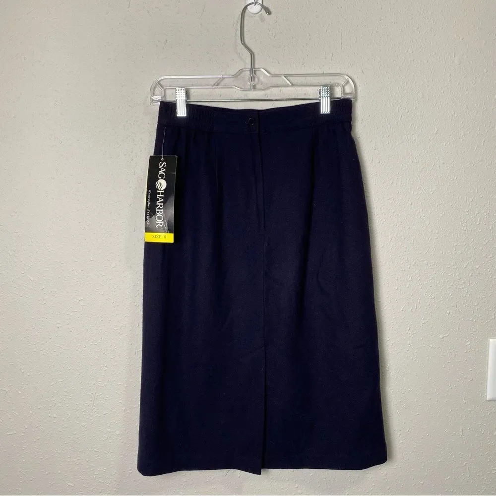 NWT Vinatge Sag Harbor 100% Pure New Wool Navy Blue Pencil Skirt Women's Size 8